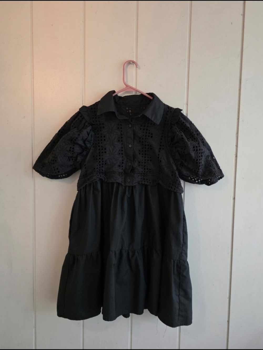 Babydoll Entro Mini Dress Black Eyelet Puff Sleeve Small Cottagecore Boho